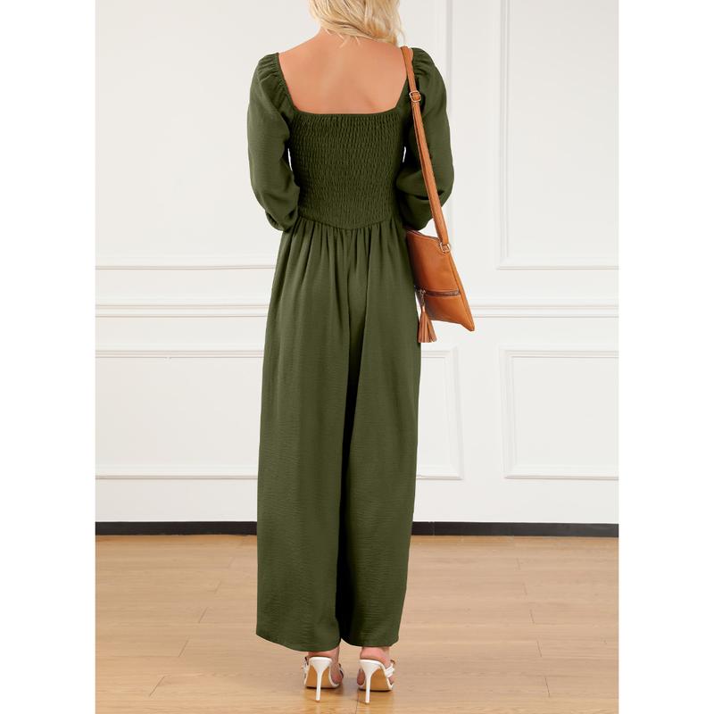 Women's Plain Ruched Shirred Pocket Wide Leg Jumpsuit, Casual Bishop Sleeve Square Neck Jumpsuit for Spring & Fall, Ladies Clothes for Daily Wear - Seldom Seen Styles