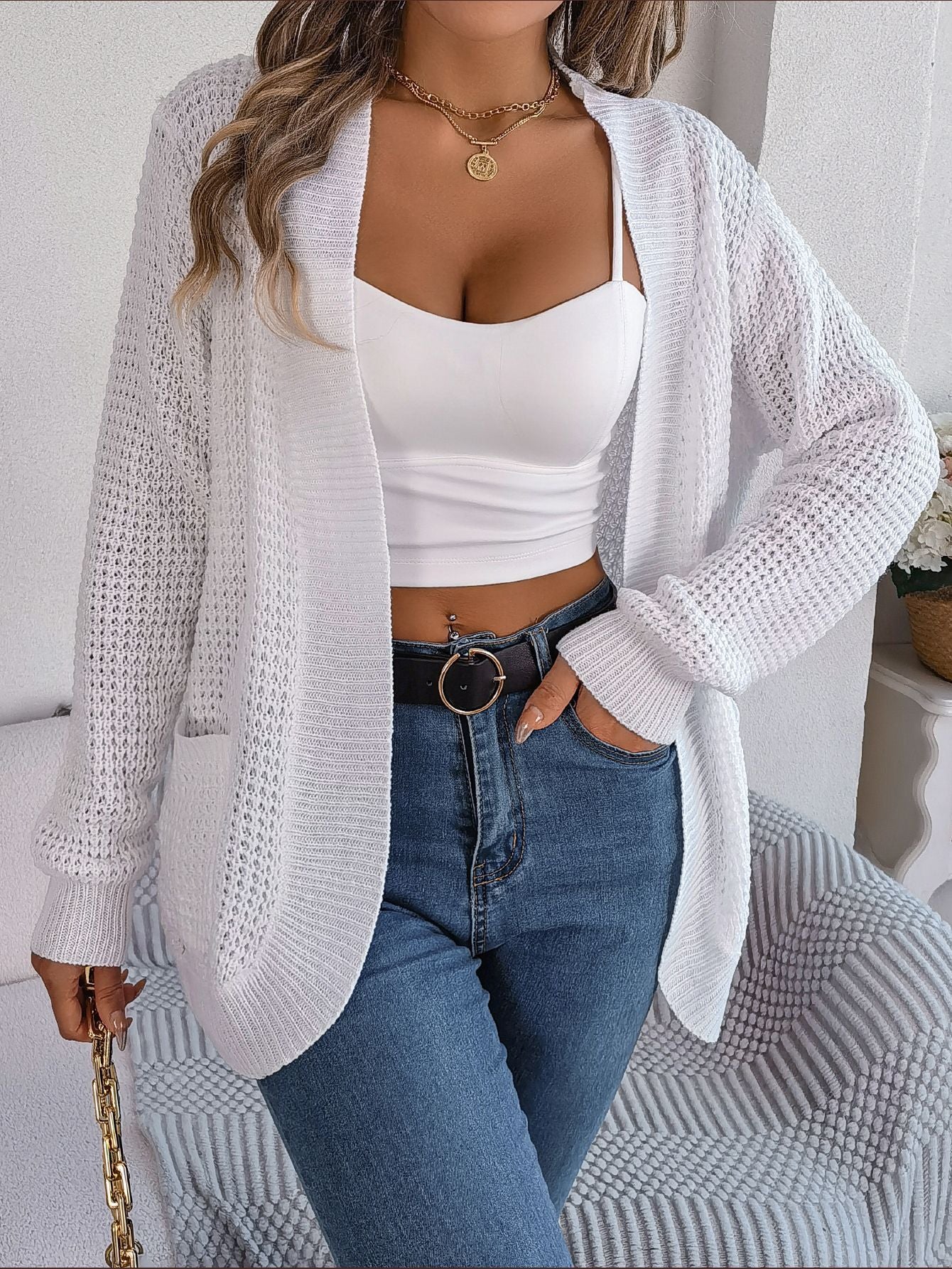 Real Shot 2024 Autumn and Winter Leisure Pocket Long Sleeve Knitted Sweater Cardigan Coat Amazon Hot Cross-Border Women's Clothing