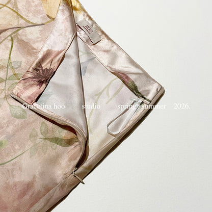 Vintage Oil Painting Floral Print Midi Skirt 100% Polyester Side Zip A-Line Elegant Summer Skirt