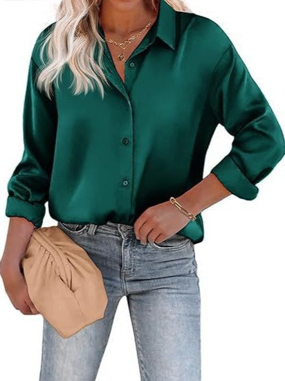 Women's Blouse Satin Shirts Button Down Shirts Casual Loose Long Sleeve Office Work Tunic Tops