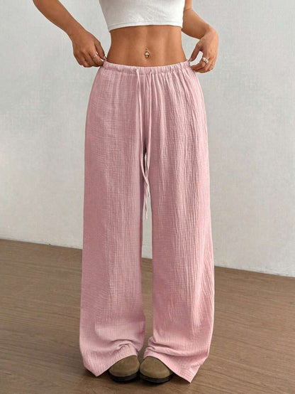 Palazzo-Hose aus Baumwollleinen für Damen, Kordelzug, elastischer Bund, lässige Hose mit weitem Bein und Taschen 