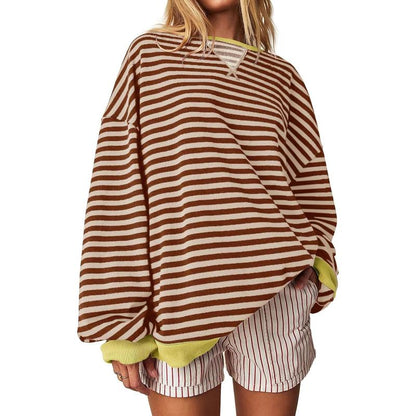 【Up To 3XL】Fisace Christmas Womenswear Striped Oversized Sweatshirt Color Block Crew Neck Long Sleeve Shirt Casual Loose Pullover Top Y2K Clothes back to school