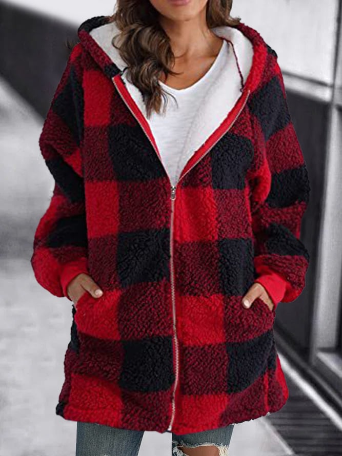 Women Oversized Hoodie Plaid Loose Overcoat - Seldom Seen Styles