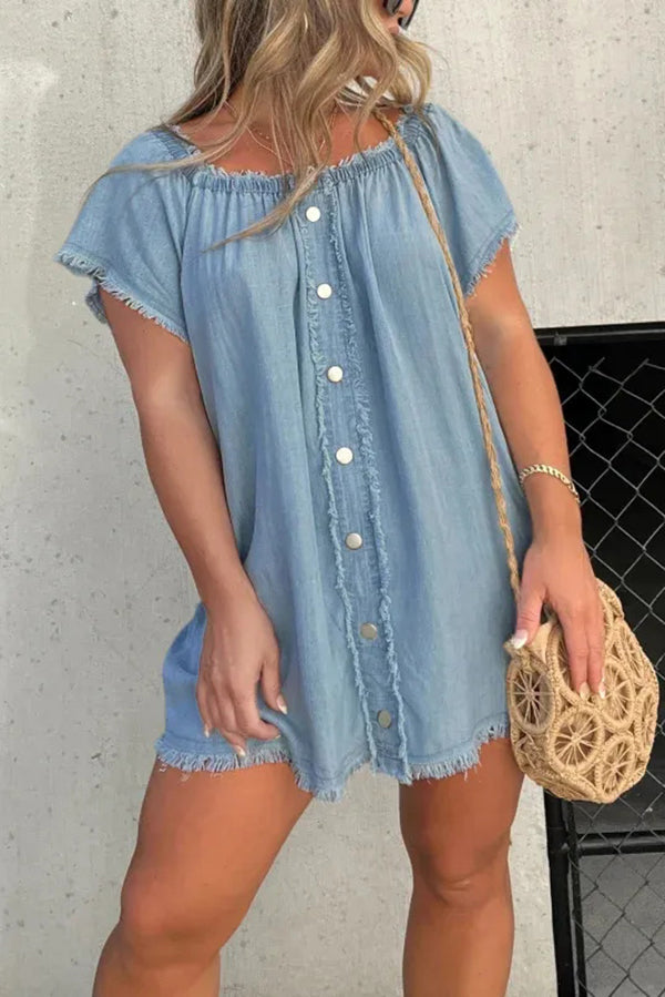 Fashionable Off Shoulder Short-sleeved Loose Denim Mini Dress - Seldom Seen Styles