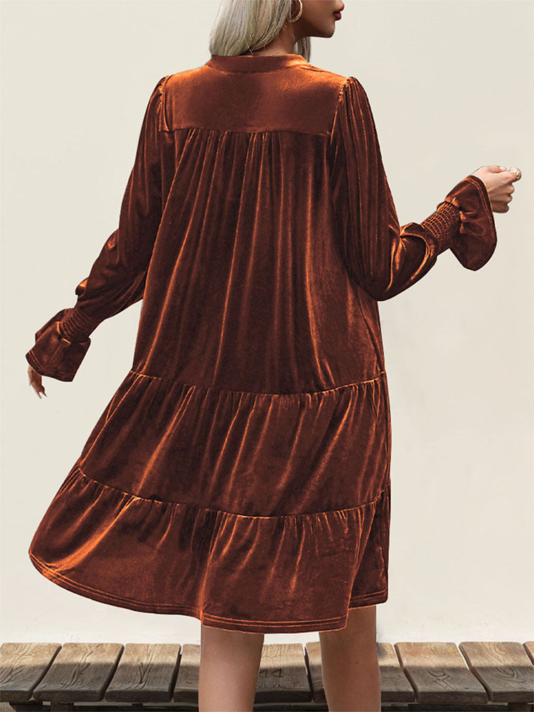 2024 Women’s Elegant Velvet Long Sleeve Dress Casual Fall V Neck A Line Babydoll Flowy Formal Wedding Party Mini Dress