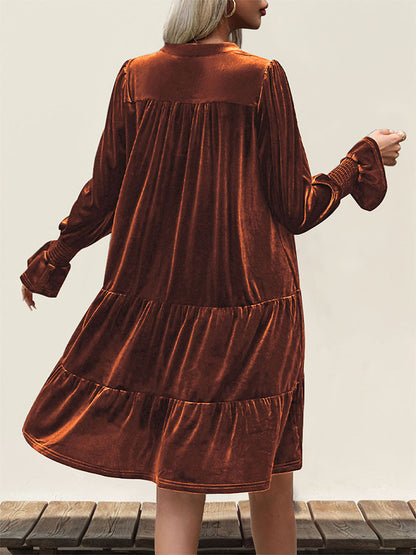 2024 Women’s Elegant Velvet Long Sleeve Dress Casual Fall V Neck A Line Babydoll Flowy Formal Wedding Party Mini Dress