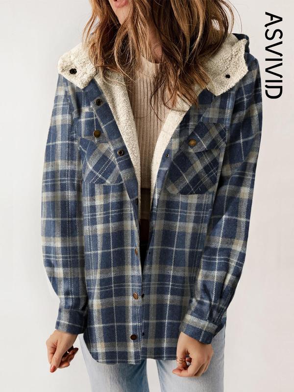 Women's Plaid / Houndstooth Print Button Front Hooded Coat, Casual Long Sleeve Pocket Coat for Fall & Winter, Ladies Outerwear for Daily Wear - Seldom Seen Styles