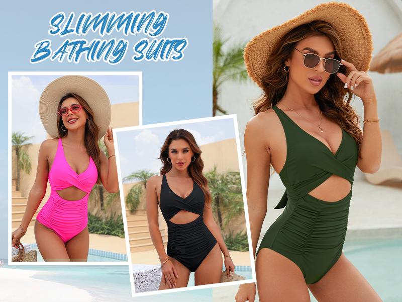 Womens One Piece Swimsuits Push Up Tummy Control Bathing Suits V Neck Cutout Modest Swimwear - Seldom Seen Styles