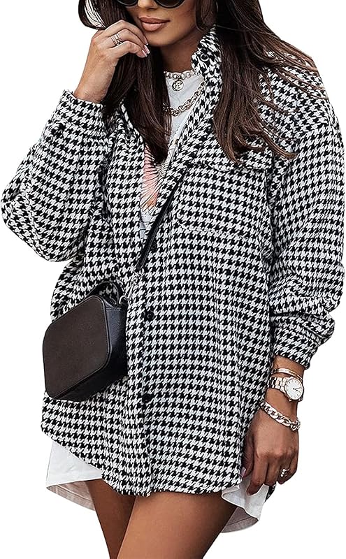Plaid Jacket Women Casual Houndstooth Jacket Flannel Shacket Loose Long Sleeve Shirt Button Down Shacket with Pockets - Seldom Seen Styles