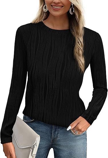 Women's Summer Fall Scalloped Lace Cuff Crewneck Tops Textured Shirts