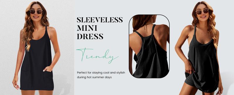 Women's Summer Sleeveless Mini Dress V Neck Spaghetti Straps Athletic Built-in Shorts Sundress