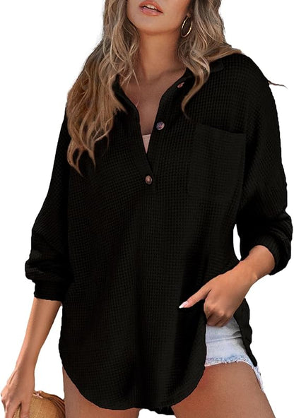 Women Waffle Knit Tops Henley Shirts Long Sleeve V Neck Solid Color Casual Tunic