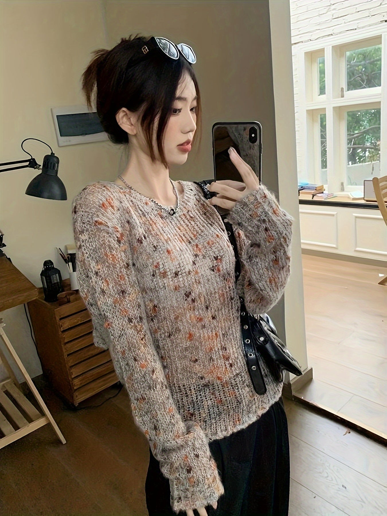 Space Dye Backless Pullover Top, Stylish Loose Long Sleeve Thin Knitted Top For Spring & Fall, Women's Clothing