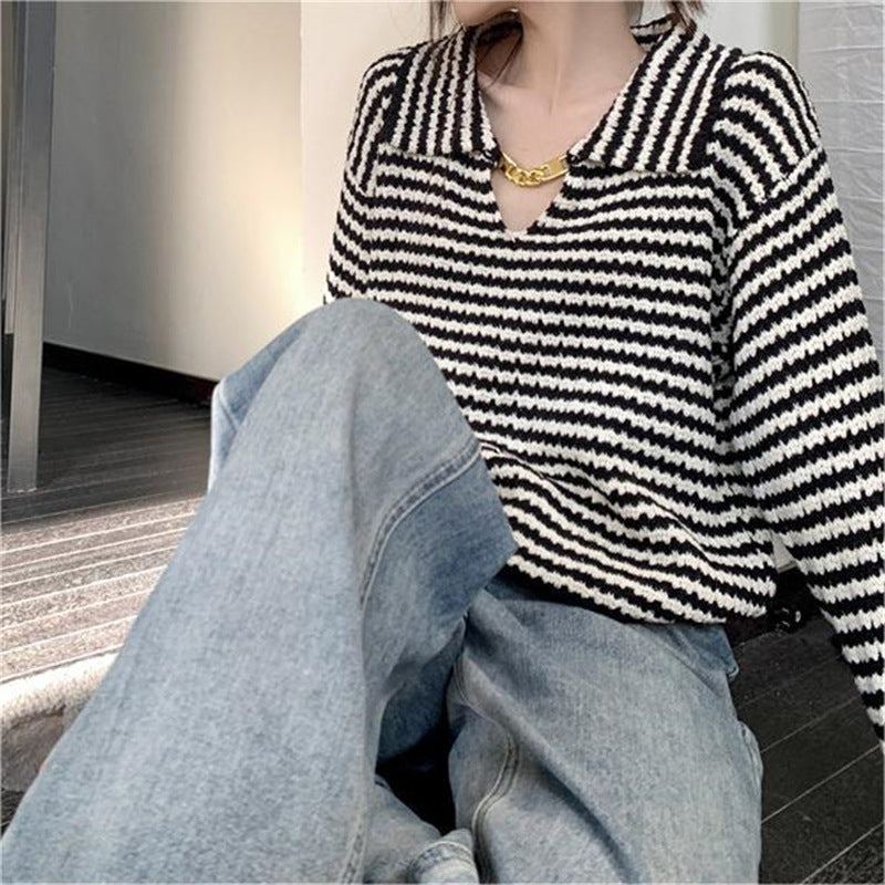 Women's French-Style Black and White Striped Lapel Pullover Sweater2024Autumn and Winter New Loose and Lazy Style Chic Knitted Top