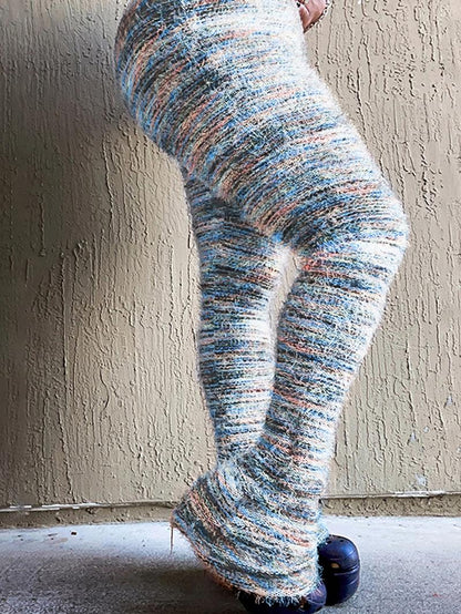 Women's Striped Print Flare Leg Fuzzy Sweater Pants, Casual Street Comfy Knit Bell Bottom Trousers For Fall & Winter, Women's Knitwear For Daily Wear