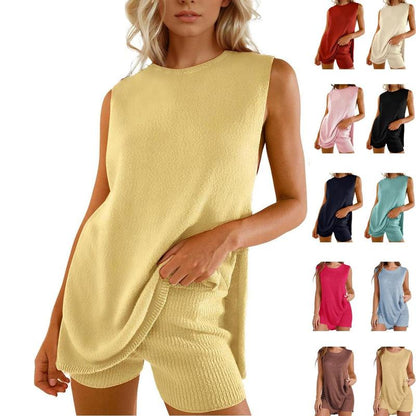 Women's 2 Piece Outfits Summer Knit Sweater Set Sleeveless Tunic Top Matching Shorts Trendy Beach Vacation Sets Loungesetwomen Suits Clothes Womenswear  Basic Beige