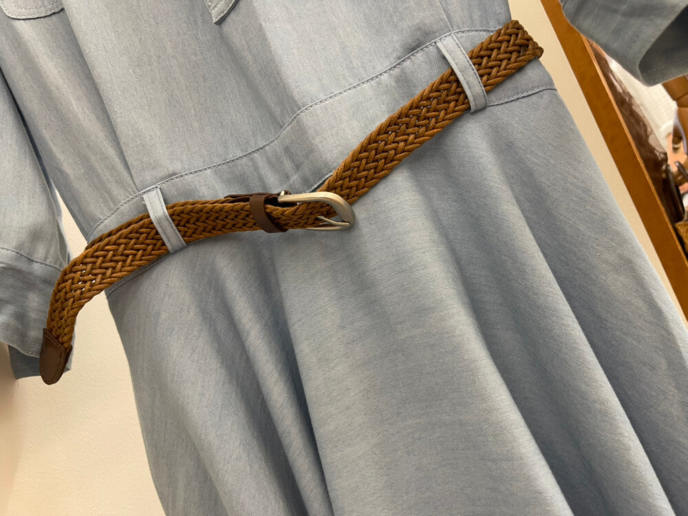 Women's Denim Short Sleeve Lapel Collar Gold Button Belted A-Line Maxi Dress Dual Chest Pockets with Free Braided Belt Dark Blue Light Blue S M Cotton Candy 288563 - Seldom Seen Styles