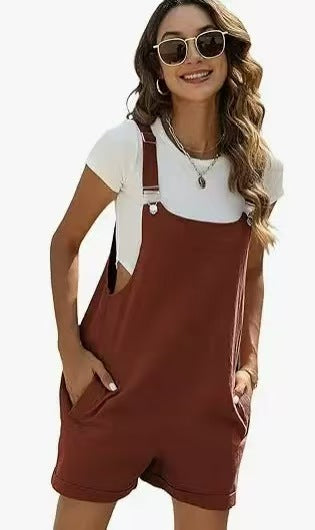 UANEO Women's Cotton Linen Short Overalls Casual Summer Bib Shortalls with Pockets Lady Comfort Minimalist
