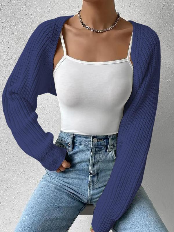 Women's Solid Raglan Sleeve Crop Cardigan Without Camisole, Casual Long Sleeve Knitwear for Spring & Fall, Women's Clothing for Daily Wear