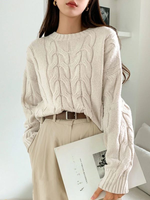 Amazon Europe and America Cross Border Autumn and Winter Women's Cable-Knit Pullover Sweater Loose round Neck Pure Color All-Matching Trendy Knitwear Top