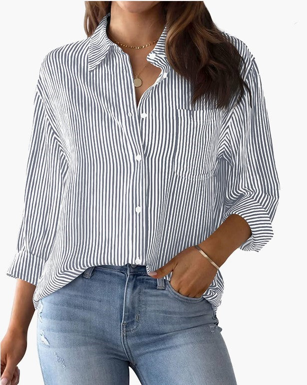 AISEW Womens Button Down Shirts Striped Classic Long Sleeve Collared Office Work Blouses Tops with Pocket