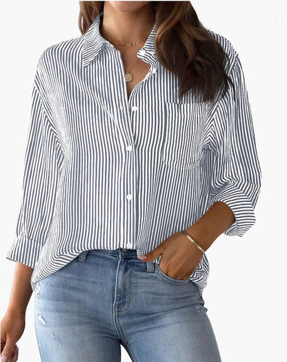 Womens Button Down Shirts Striped Classic Long Sleeve Collared Office Work Blouses Tops with Pocket