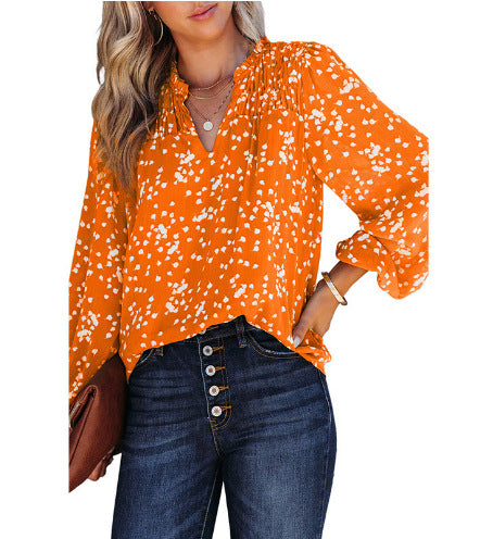 Dokotoo Damen Casual V-Ausschnitt Alicia Blumendruck Gesmokt Langarm Chiffon Blusen Bohemian Top Shirts 