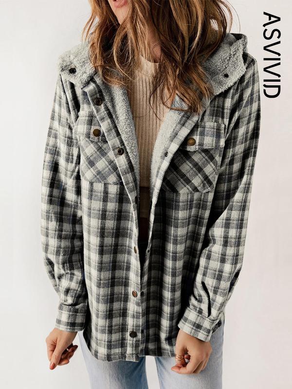 Women's Plaid / Houndstooth Print Button Front Hooded Coat, Casual Long Sleeve Pocket Coat for Fall & Winter, Ladies Outerwear for Daily Wear - Seldom Seen Styles
