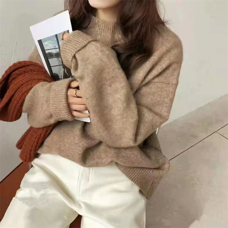 2024Solid Color Knitwear Pullover Women's Autumn and Winter New Soft Glutinous Loose Outer Wear Gentle Inner Bottoming Shirt