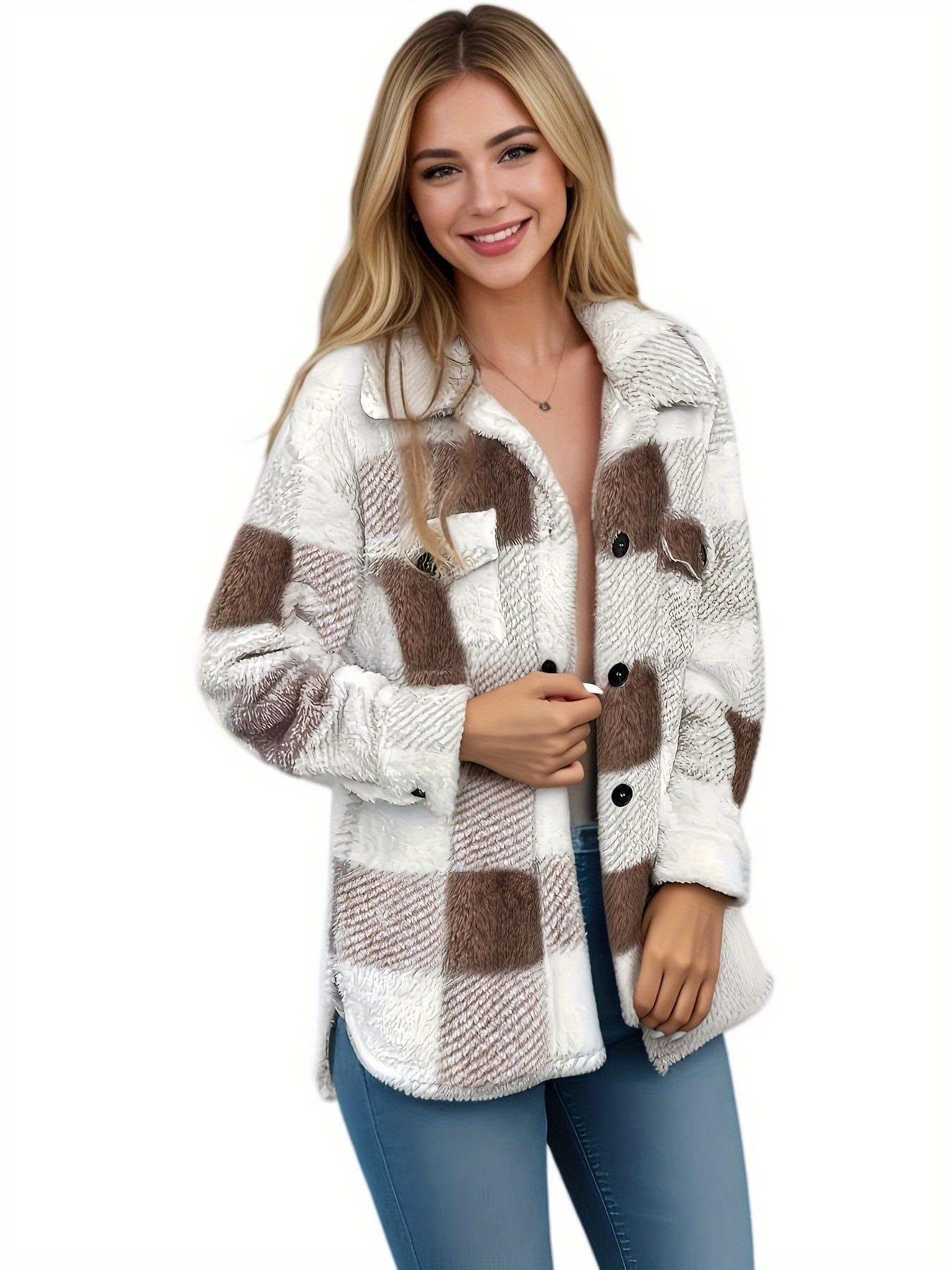 Stilvolle Langarmjacke mit Karomuster – weiche, hochelastische Polyester-Oberbekleidung mit elegantem Design für Herbst und Winter, maschinenwaschbar, Damenbekleidung