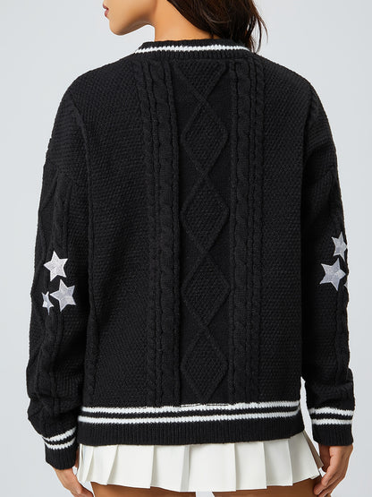 Women's Star & Letter Embroidery Textured Button Front Cable Knit Cardigan, Casual Drop Shoulder Long Sleeve V Neck Cardigan, Women's Knitwear for Fall & Winter - Seldom Seen Styles