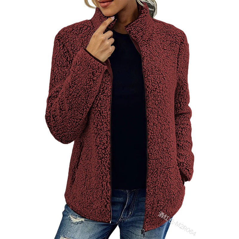 Cross-Border Amazon Stand Collar Solid Color Top Sweater Women's Casual Fashion Long Sleeve Zipper Bubble Velvet Coat