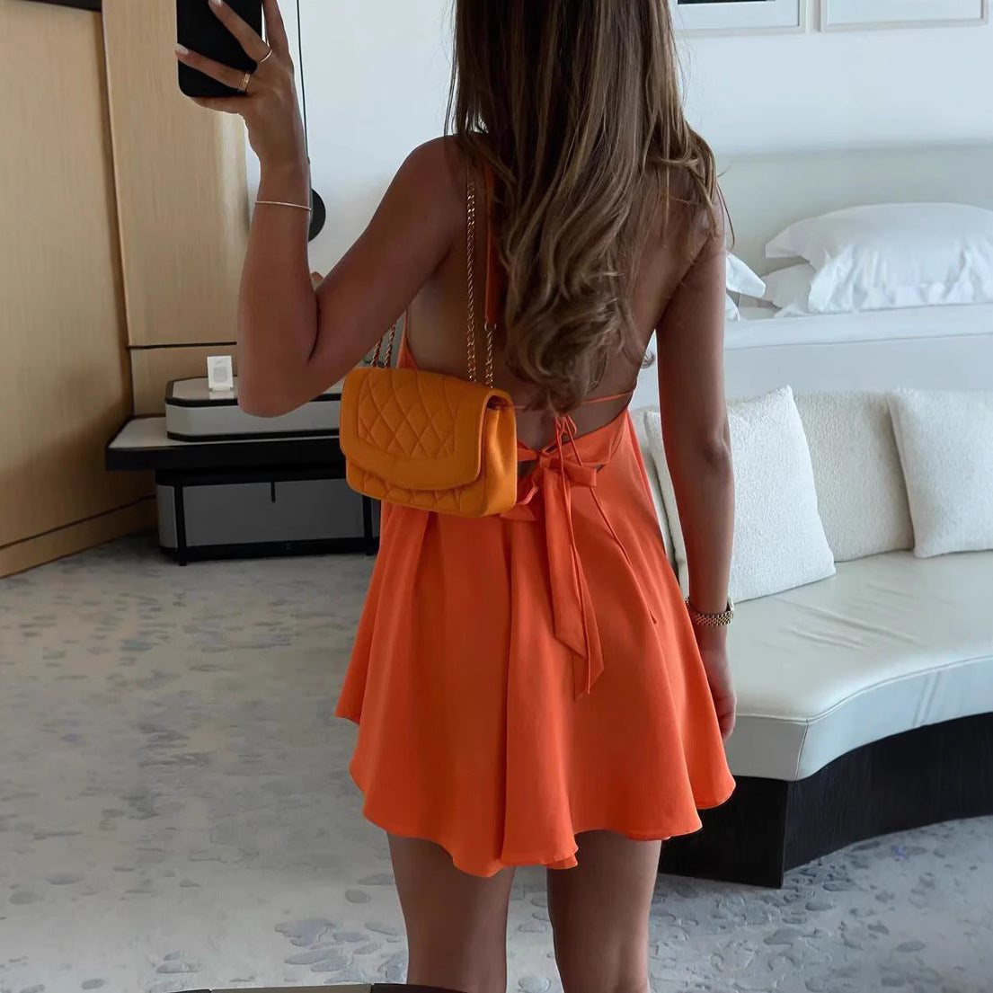 Women's Summer Halter Backless Mini Dress, Sexy A-Line Sleeveless Hollow Out Dress, Beach Vacation Casual Wear, Halloween - Seldom Seen Styles