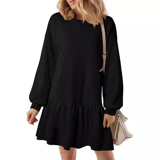 Womens 2024 Fall Long Sleeve Pullover Tops Crewneck Rib Knit Patchwork Sweatshirt Dress Casual Mini Dresses