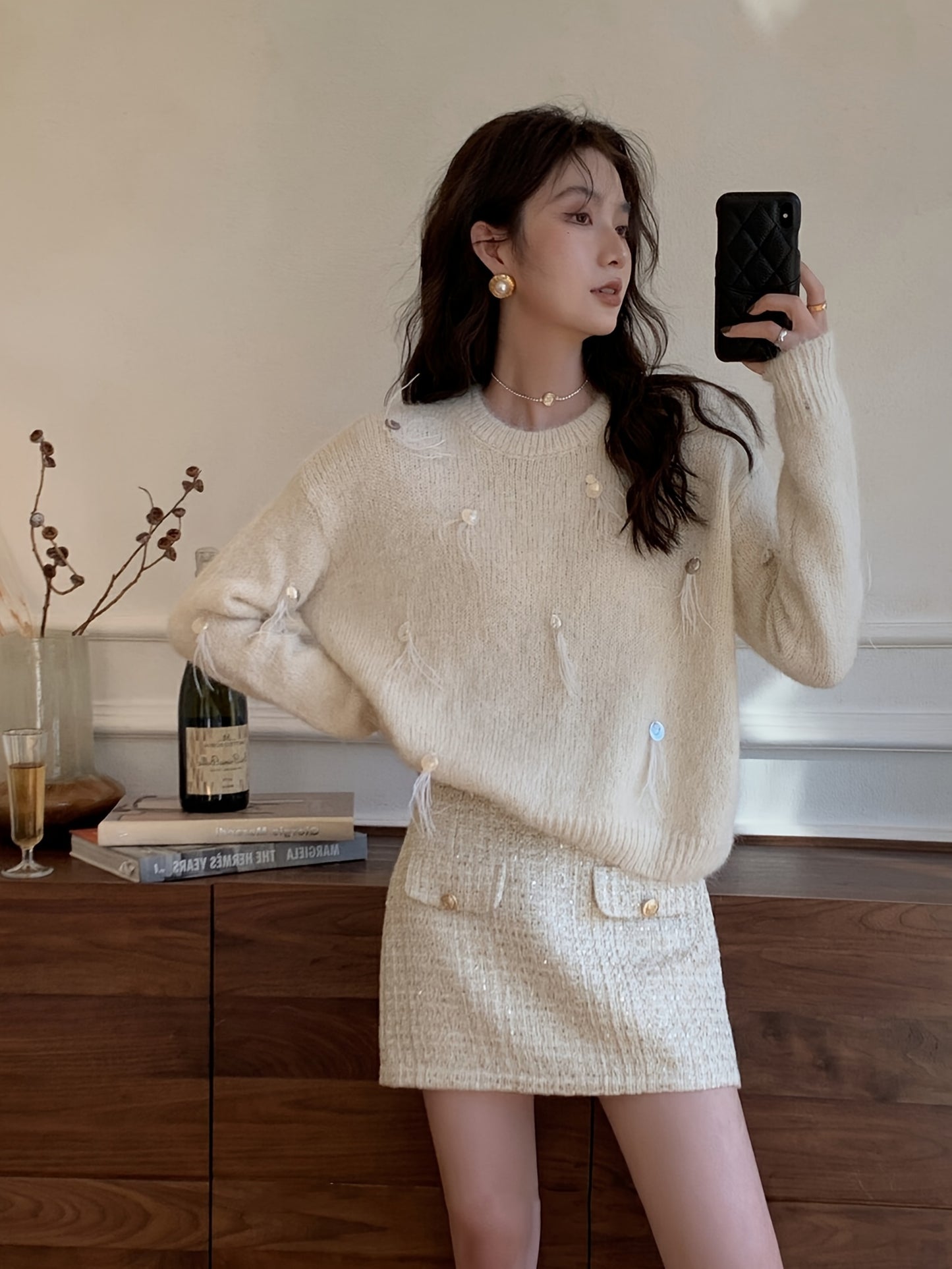 Sequin Decor Crew Neck Sweater, Casual Long Sleeve Sweater For Fall & Winter, Women's Clothing