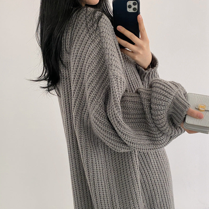 2024Autumn and Winter New Korean Style Solid Color Idle Style Sunken Stripe Long Knitted Cardigan Lantern Sleeve Sweater Women's Coat Fashion