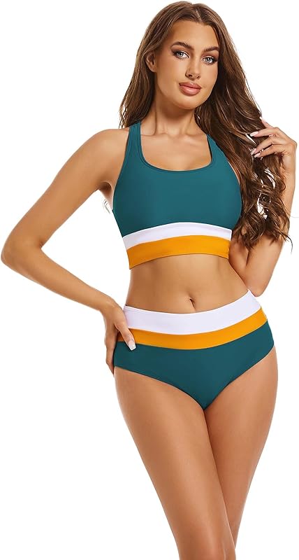 2 Piece Swimsuit for Women 2024 High-Waisted Color Block Bathing Suits Modest Sporty Bikinis Set - Seldom Seen Styles