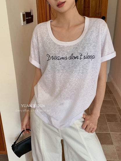 Atmungsaktives T-Shirt in Leinenoptik – locker geschnittenes U-Boot-Hals-Sommer-T-Shirt