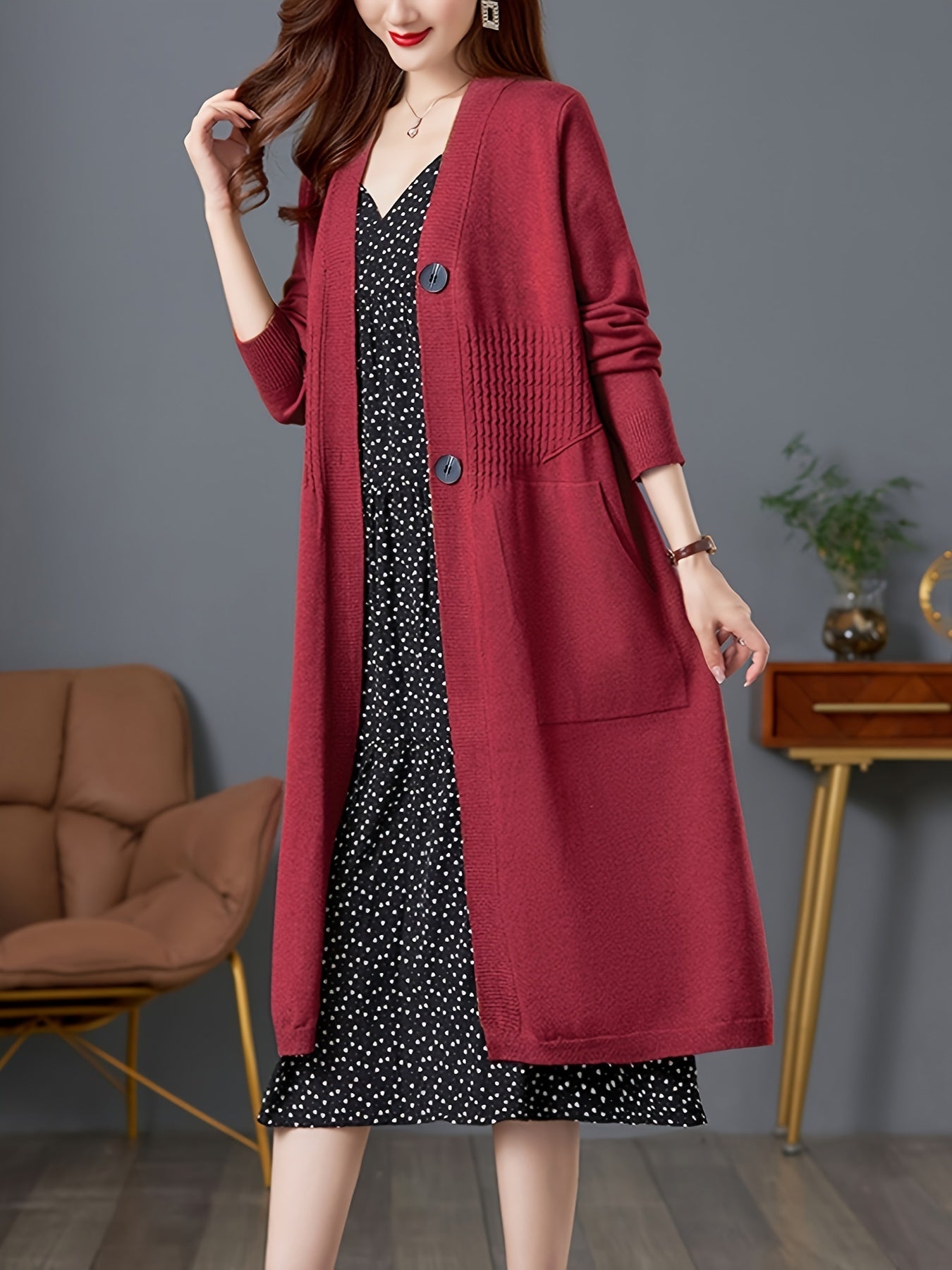 Solid Button Front Duster Cardigan, Casual Long Sleeve Slant Pockets Midi Cardigan For Fall & Winter, Women's Clothing