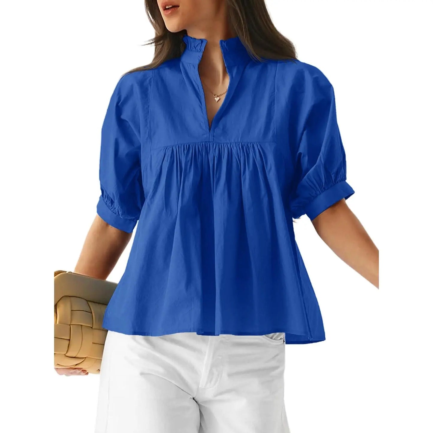 Cicy Bell Womens V Neck Puff Sleeve Blouse Babydoll Peplum Tops Dressy Casual Pleated Loose Fit Shirts - Seldom Seen Styles