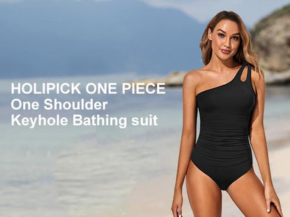 One Shoulder One Piece Swimsuit for Women Tummy Control Bathing Suits Modest Full Coverage Keyhole Swimwear - Seldom Seen Styles