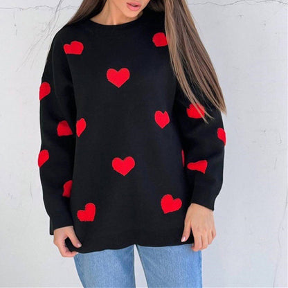 Women's Spring Heart Print Long Sleeve Crewneck Knitting Jumper, Comfort Round Neck Sweater for Daily Streetwear, Tiktop Shop, Lady's Top for Spring