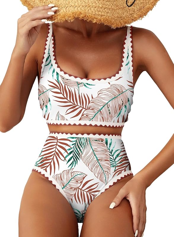 Women's Bikini Sets Floral Print Whip Stitch 2 Piece Swimsuits High Waisted Scoop Bathing Suits - Seldom Seen Styles