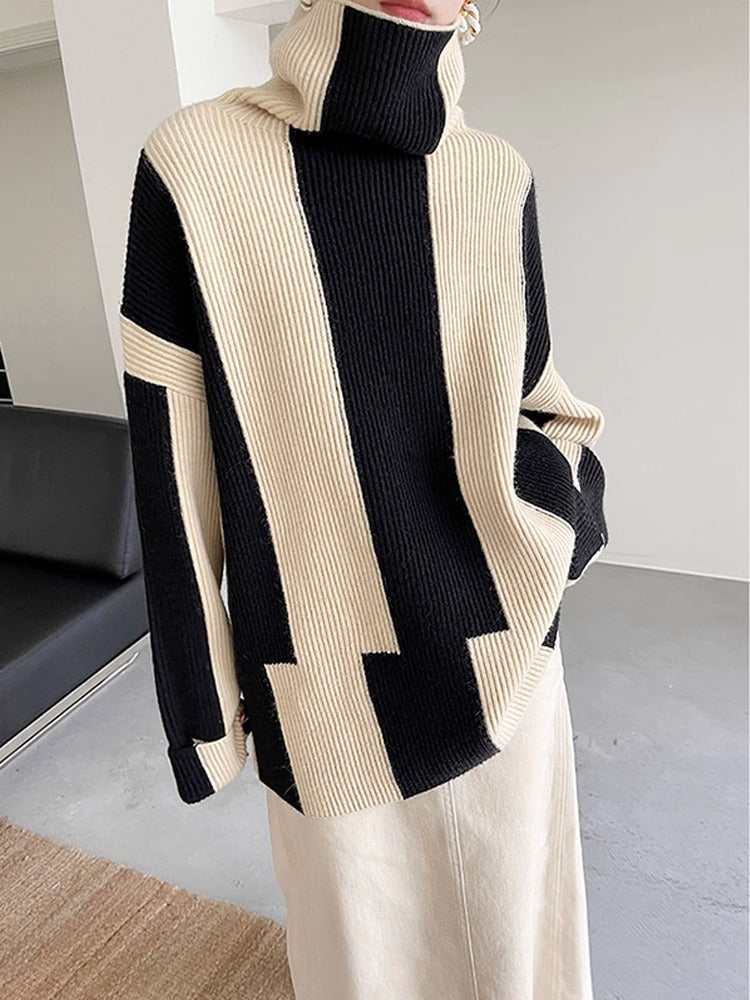 Idle Style Turtleneck Pullover Black and White Striped Sweater Women's Fall and Winter Outer Wear Gentle Soft Glutinous Coat Knitted Top Thick