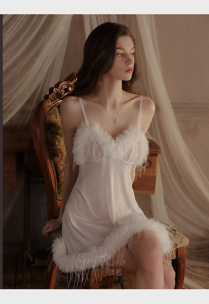 Womens Sexy 3 Piece Fuzzy Lingerie Set Transparent Tulle Nightshirt With Robe and G-String