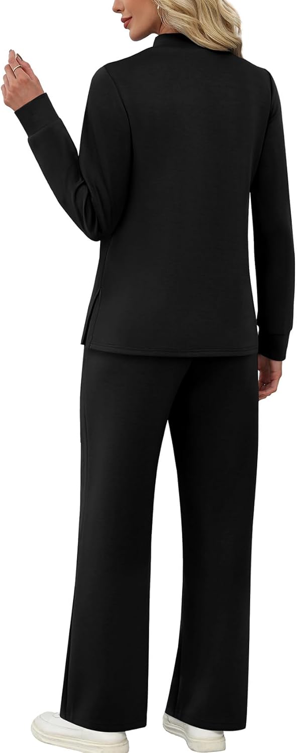 Two Piece Sets for Women Fall Travel Vacation Outfits Long Sleeve Lounge Sets Side Slit Wide Leg Pants S-3XL - Seldom Seen Styles