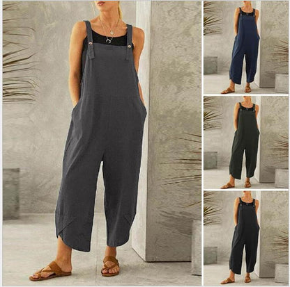Women's Sleeveless Cotton Linen Overalls Rompers Baggy Wide Leg Jumpsuits