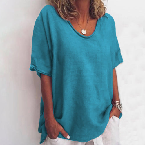Solid color V-neck short-sleeved plus size women's T-shirt - Seldom Seen Styles