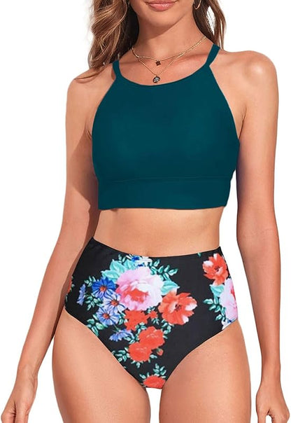 Women's Bikini Sets High Neck Tropical Leaf Print High Waisted Two Pieces Swimsuits Bathing Suits - Seldom Seen Styles