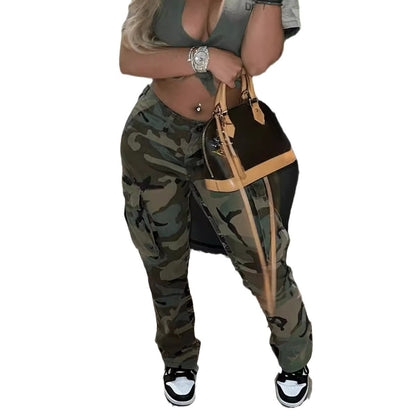 Damen Cargohose in Übergröße, Camouflage, hohe Taille, schmale Passform, Camouflage-Jogginghose, Jogginghose mit Taschen